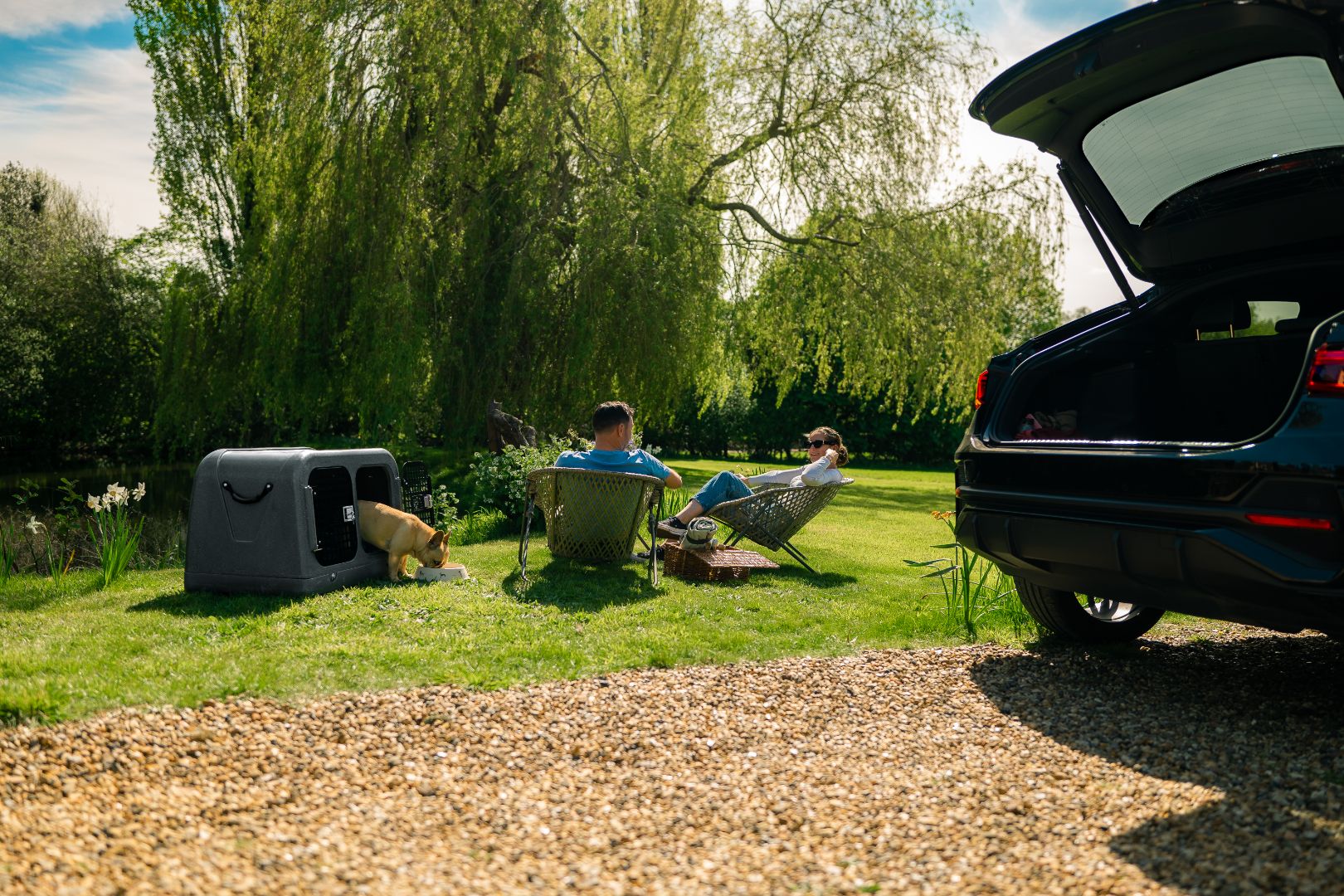 audi q3 with gunmetal dog den and frenchie out for a picnic